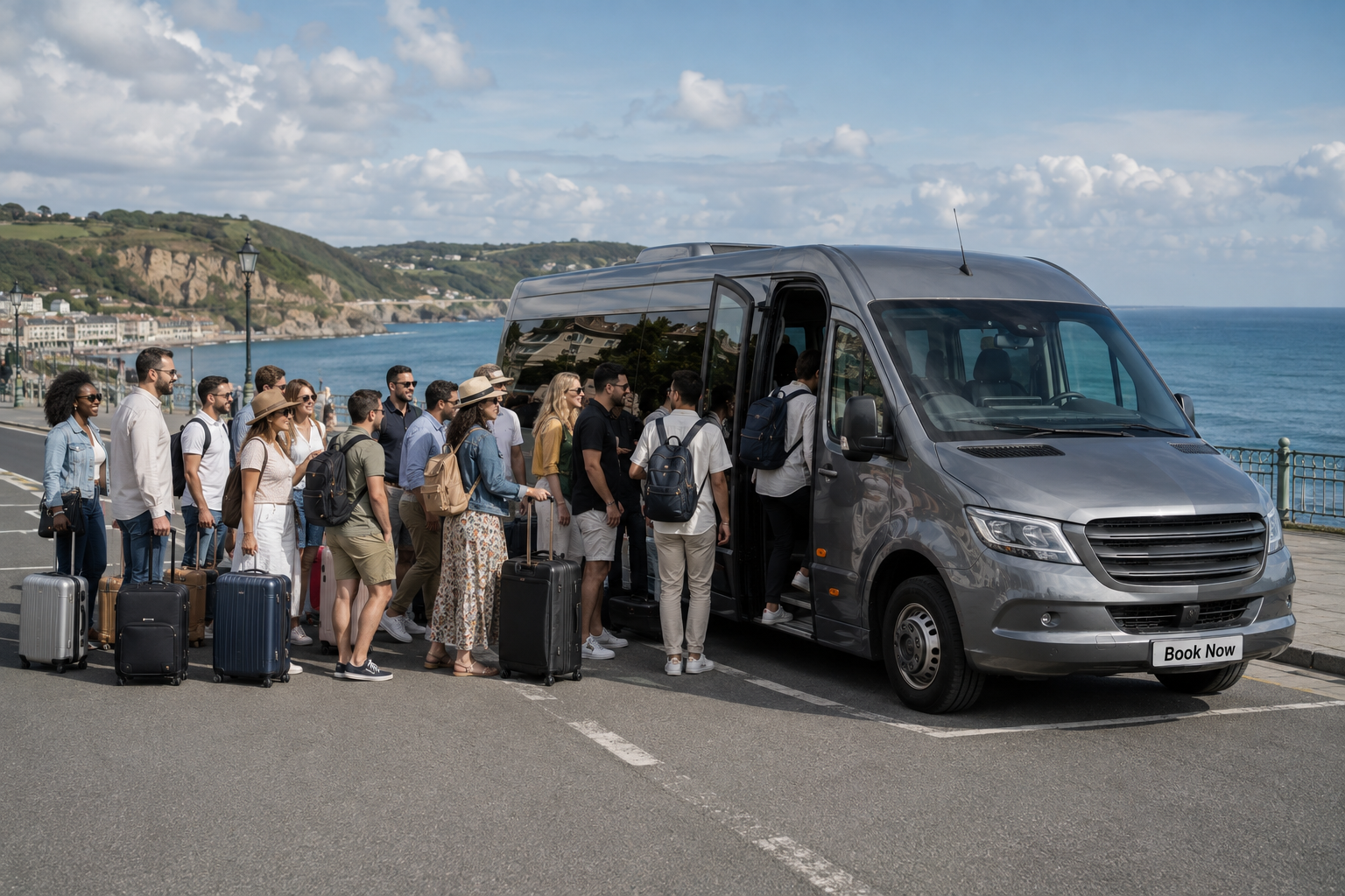 Minibus boarding a group of passengers on a coastal road