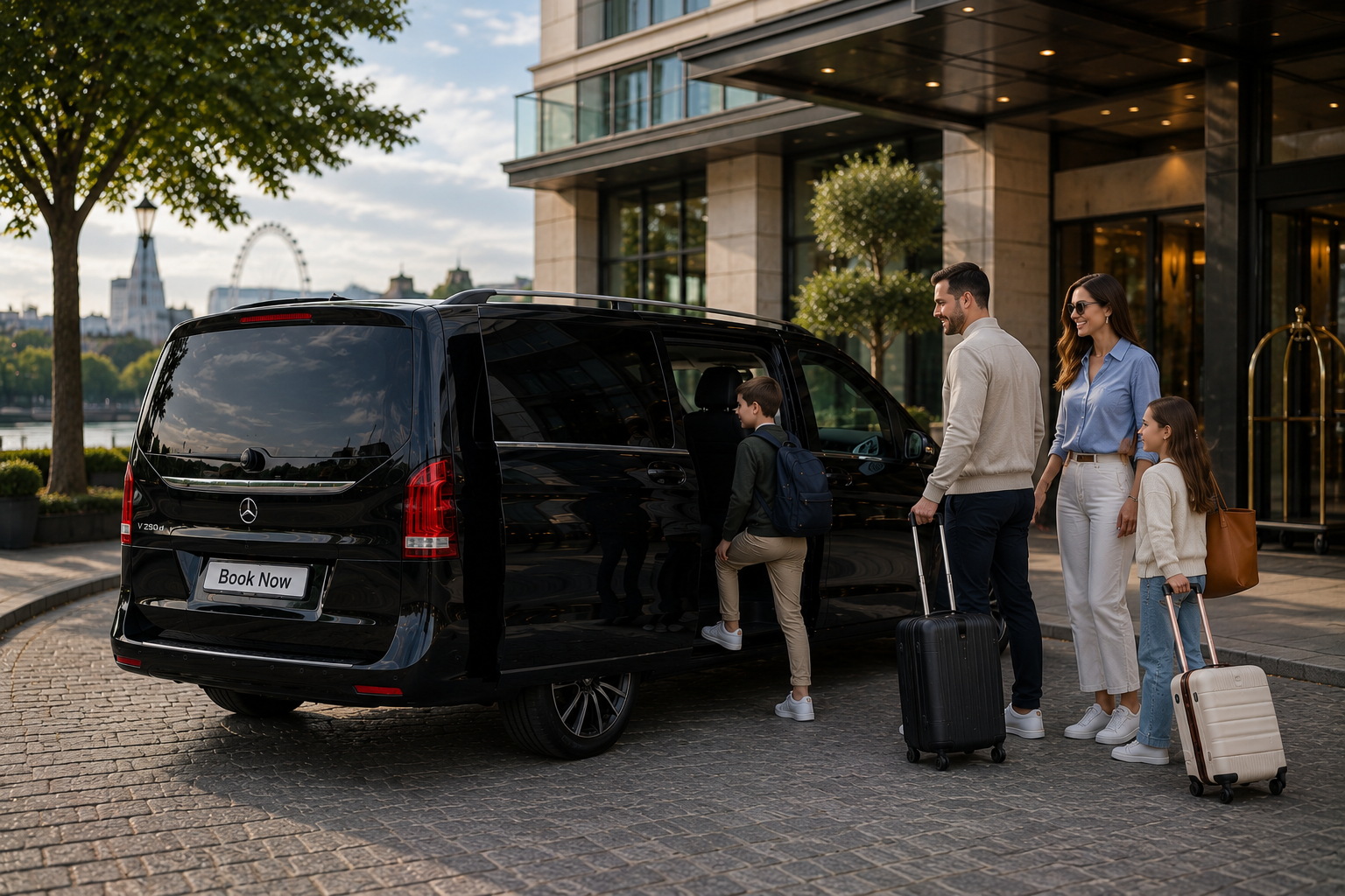 Black MPV with a family loading luggage in London