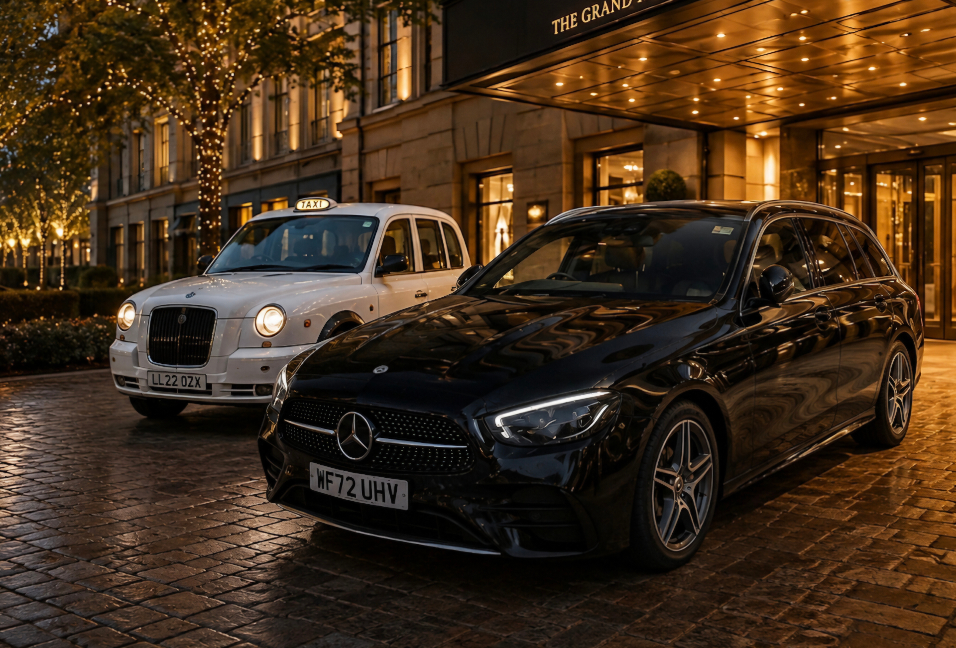 Black executive estate waiting outside a hotel entrance at night