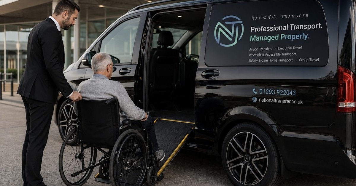 A National Transfer chauffeur assisting a wheelchair user onto the ramp of a branded accessible Mercedes vehicle at Gatwick