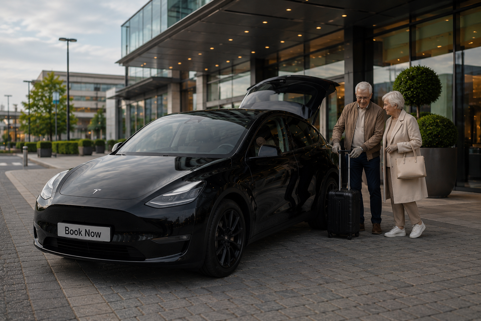 Black executive saloon collecting passengers outside a modern building