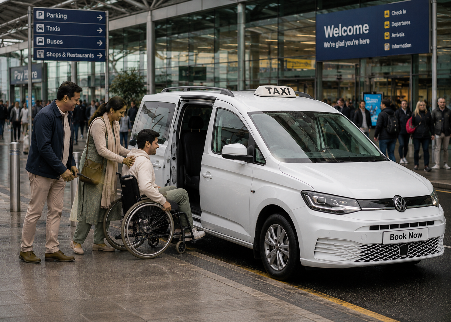 Wheelchair accessible vehicle at an airport terminal