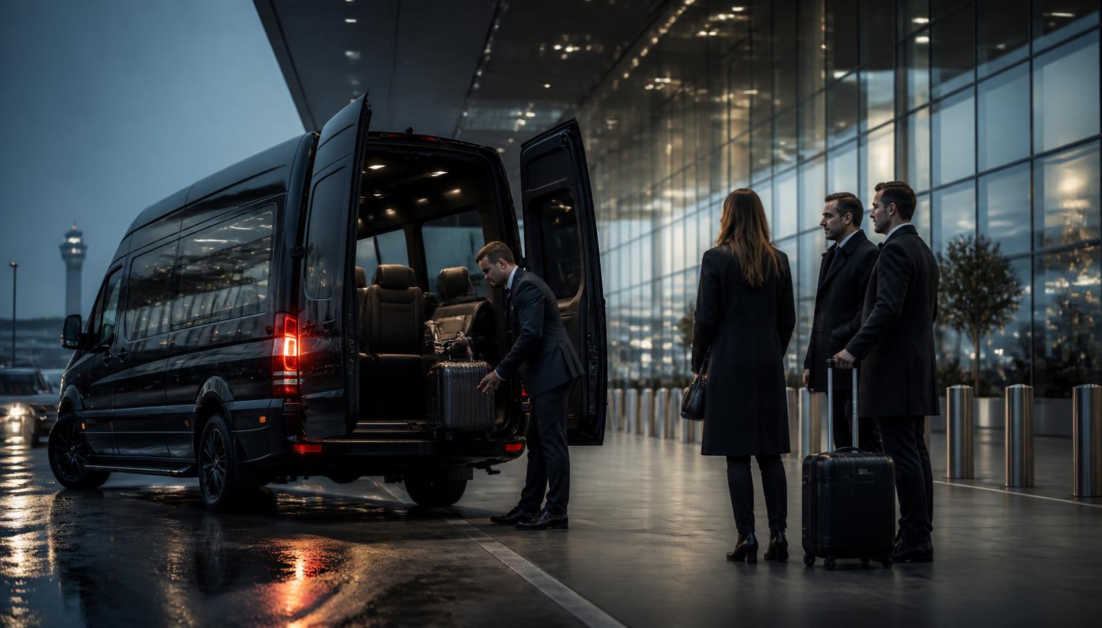 A uniformed driver loading luggage for a group of travellers beside an executive minibus at an airport terminal